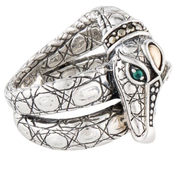 JOHN HARDY STERLING SILVER DYED CHALCEDONY & PYRITE CROCODILE JAI COCKTAIL RING - Picture 2 of 13